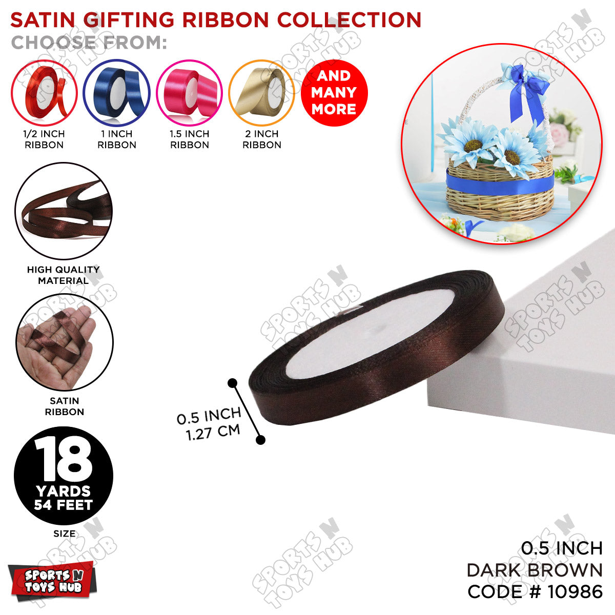 1/2 Inch x 18 Yards β Multi-Purpose Satin Ribbon Roll for Gift Wrapping, Crafts & Decorations