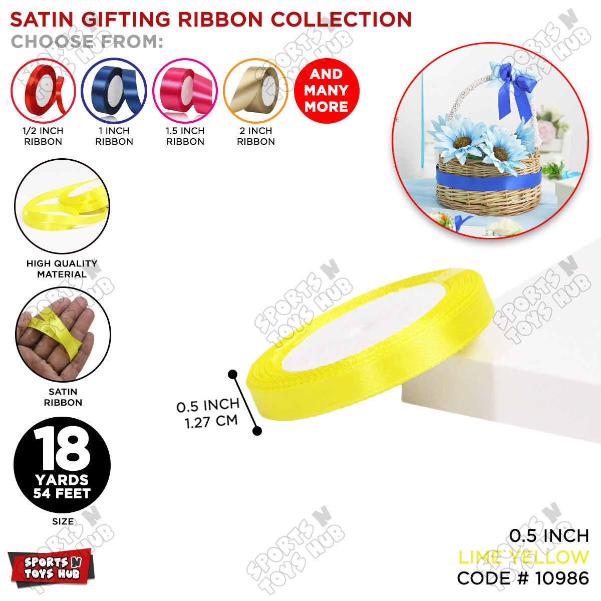 1/2 Inch x 18 Yards β Multi-Purpose Satin Ribbon Roll for Gift Wrapping, Crafts & Decorations