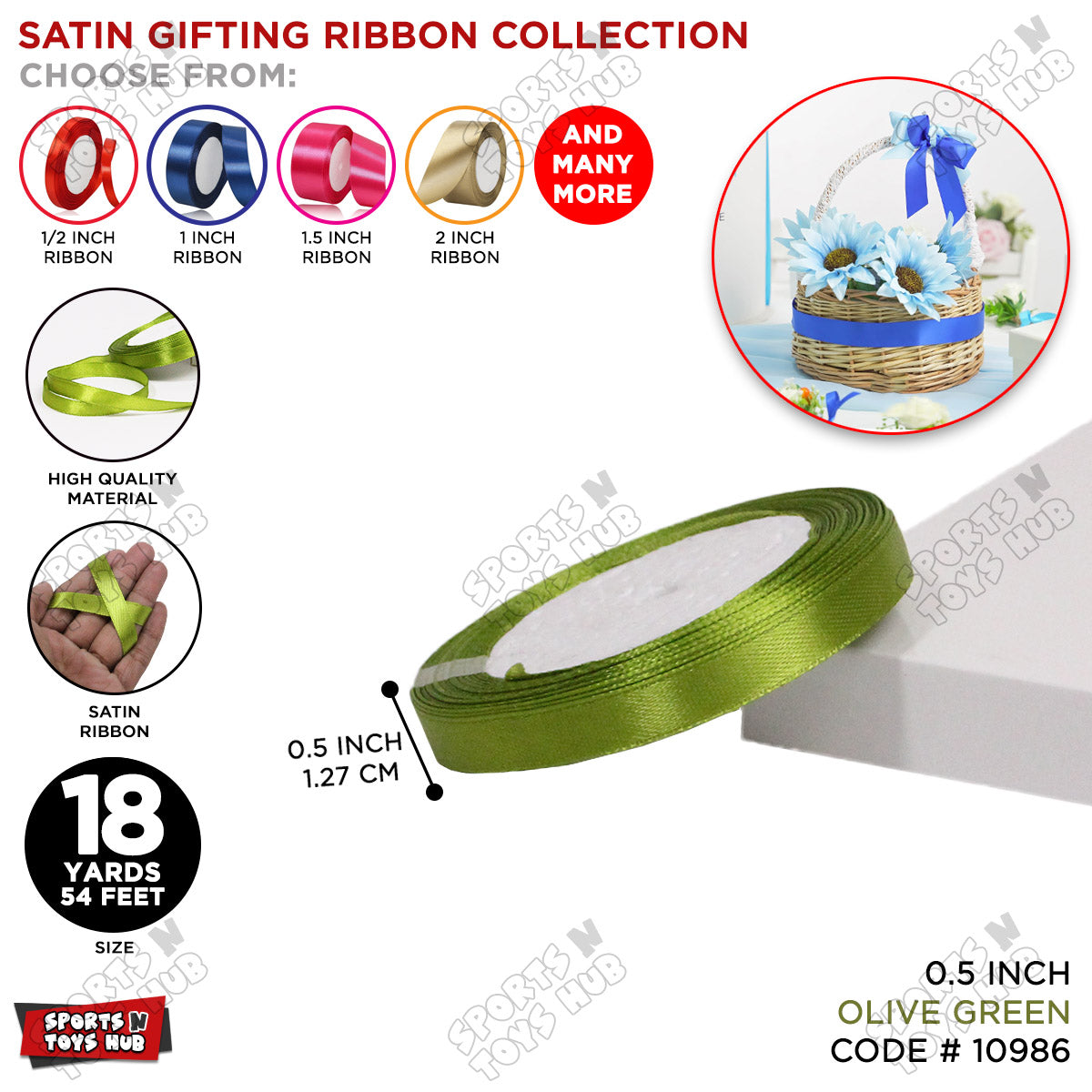 1/2 Inch x 18 Yards β Multi-Purpose Satin Ribbon Roll for Gift Wrapping, Crafts & Decorations