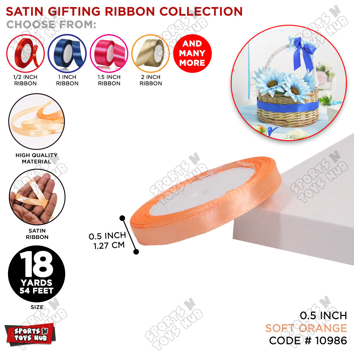 1/2 Inch x 18 Yards β Multi-Purpose Satin Ribbon Roll for Gift Wrapping, Crafts & Decorations