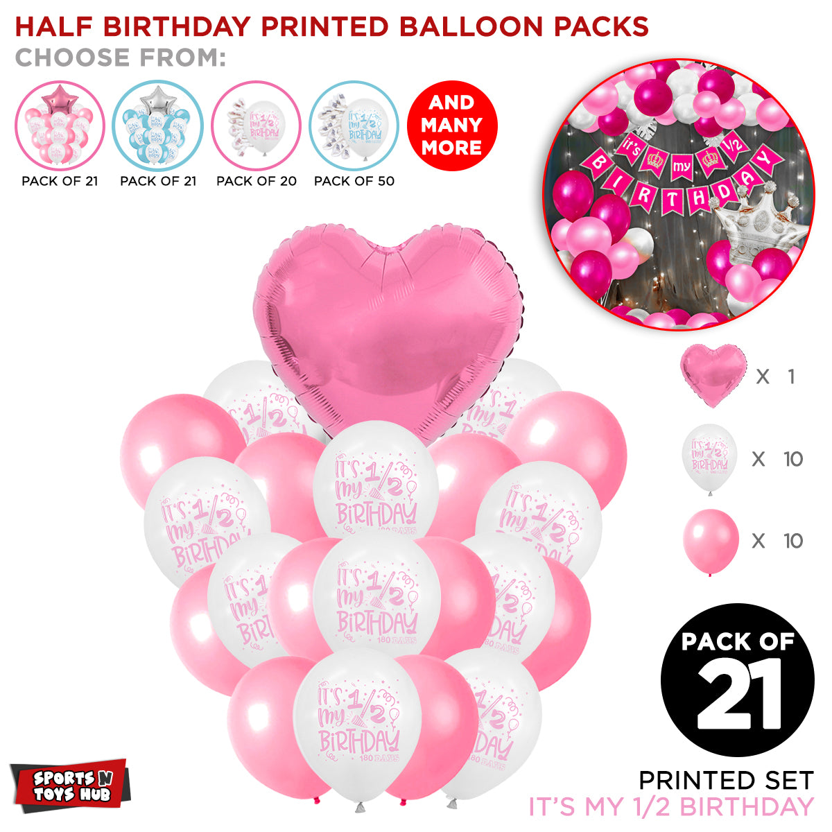 Half Birthday Printed Balloons - Pink