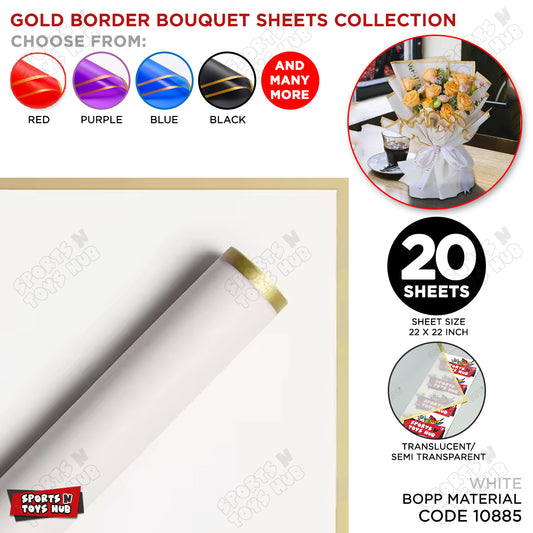 'Gold' Border Translucent Frosted Jelly Flower Wrapping Sheets, Floral Matte Wrapping Paper - Pack of 20