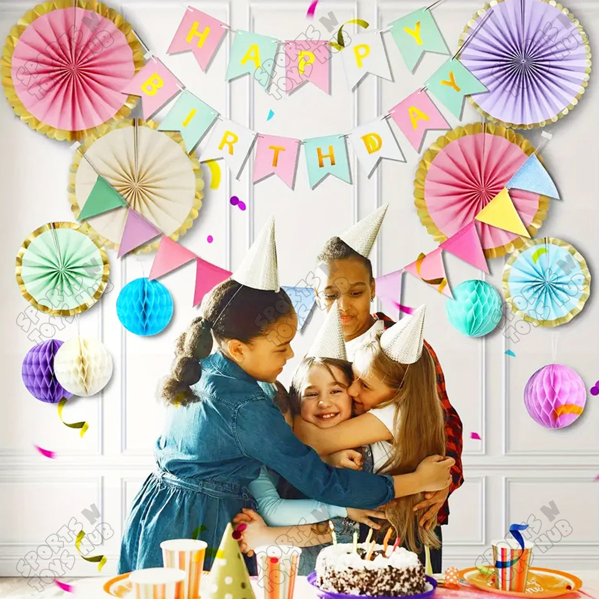 Multl Color Gold Edge Paper Fan Decoration - Pack Of 6