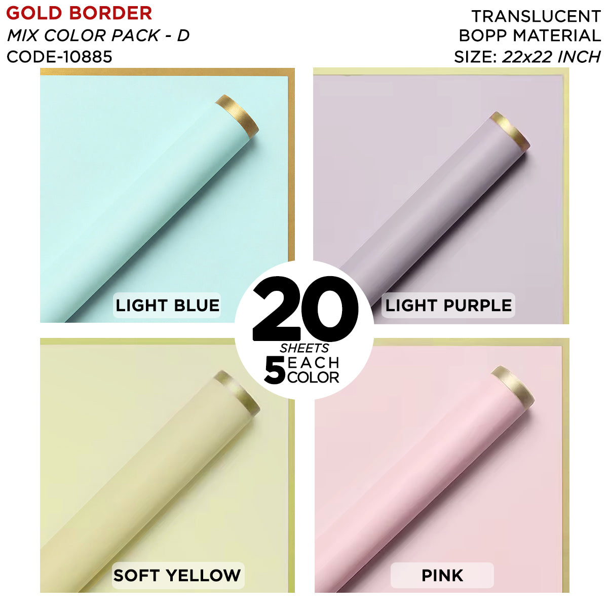 Gold Border Frosted Jelly Flower Wrapping Sheets – Translucent Matte Floral Wrapping Paper, Elegant Bouquet & Gift Wrapping Sheets, Pack of 20