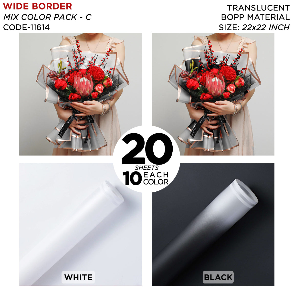 Gradient Edge Solid to Clear with Dual Pin Lines - Mix Color 20 Sheet Pack - Translucent Bouquet Wrapping Sheets