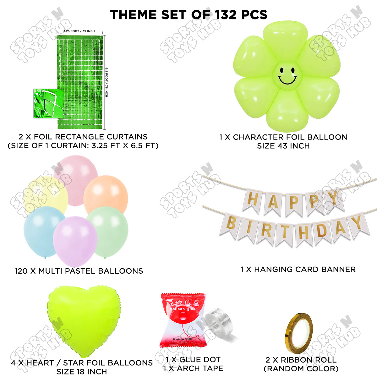 Jumbo Smiley Green Flower Foil Balloon & Card Banner Arch Theme Collection