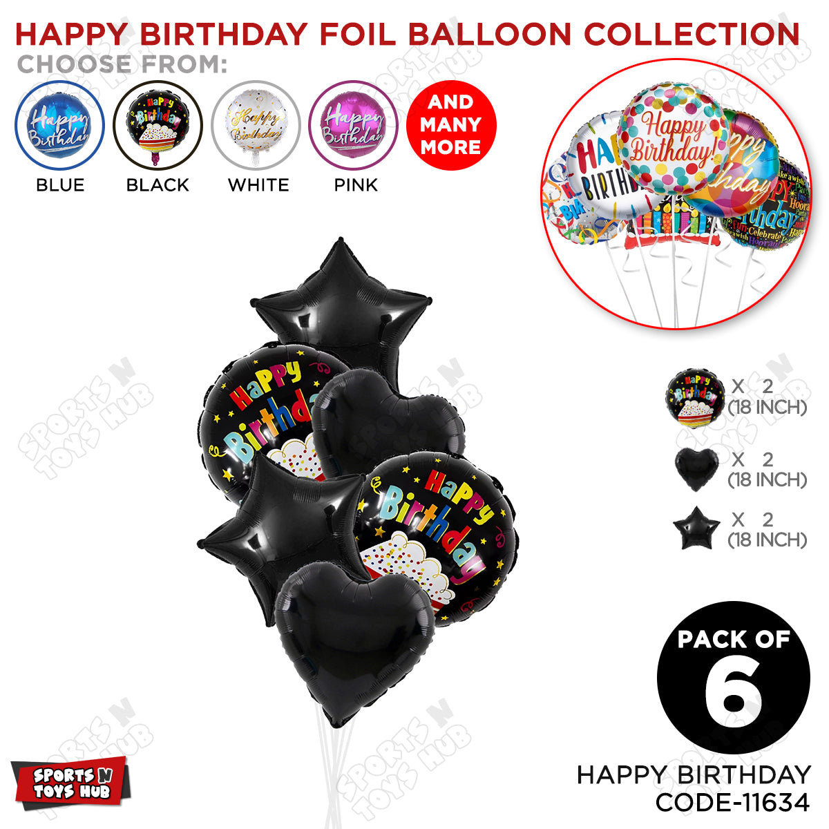 Happy Birthday Printed Rainbow Cake Round Foil Balloon - Pack Of 6