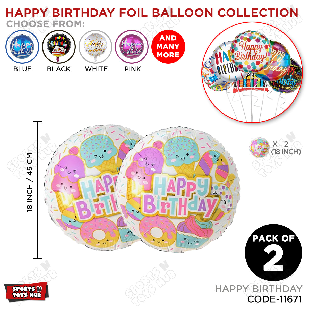 Printed Happy Birthday Donut Ice Cream Round Foil Balloon - Pack Of 2