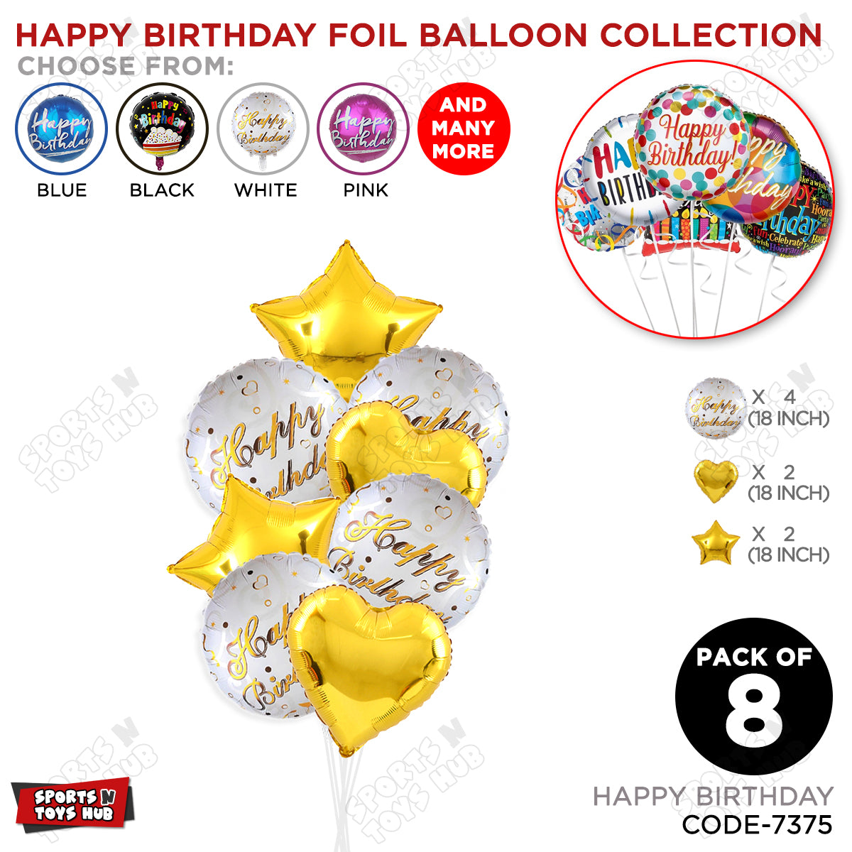 Printed Happy Birthday Gold Color Text Round Foil Balloons - Pack Of 8
