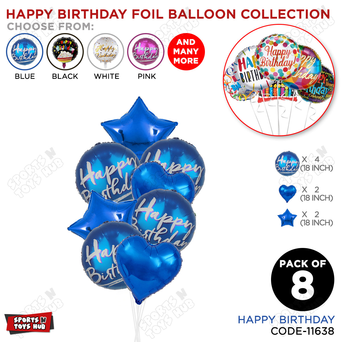 Happy Birthday Printed Foil Round Balloon - Pack Of 8