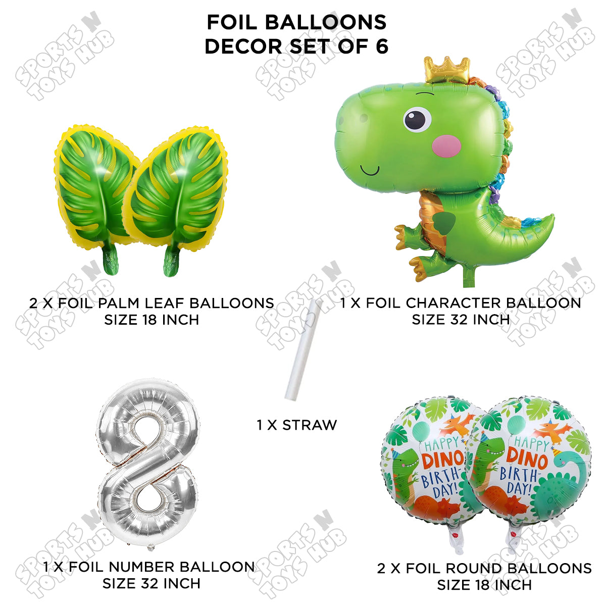 Happy Dino Foil Balloon Pack Of 6 Set With 32 Inch Foil Number Balloons