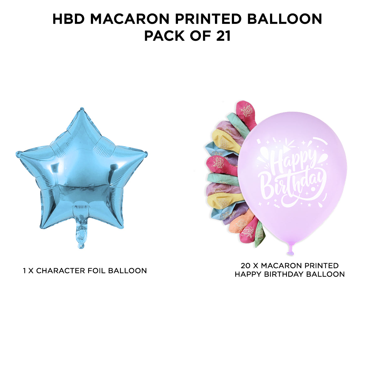 Happy Birthday Multi Printed Macaron Balloons Pack With Star - 21 Pcs