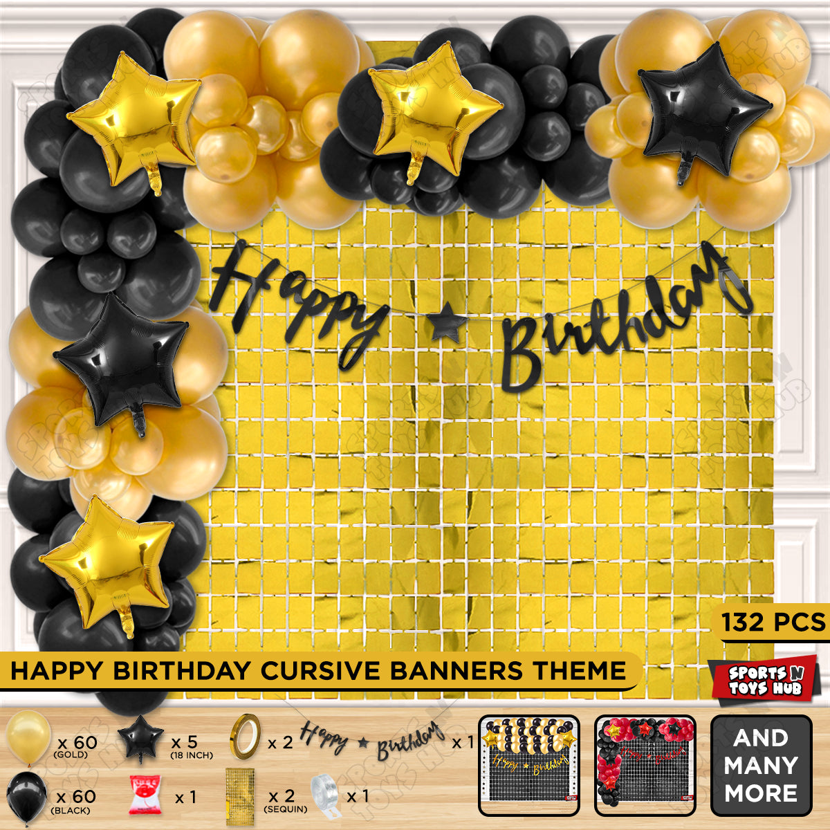 Happy Birthday Cursive Banner Theme - Gold & Black