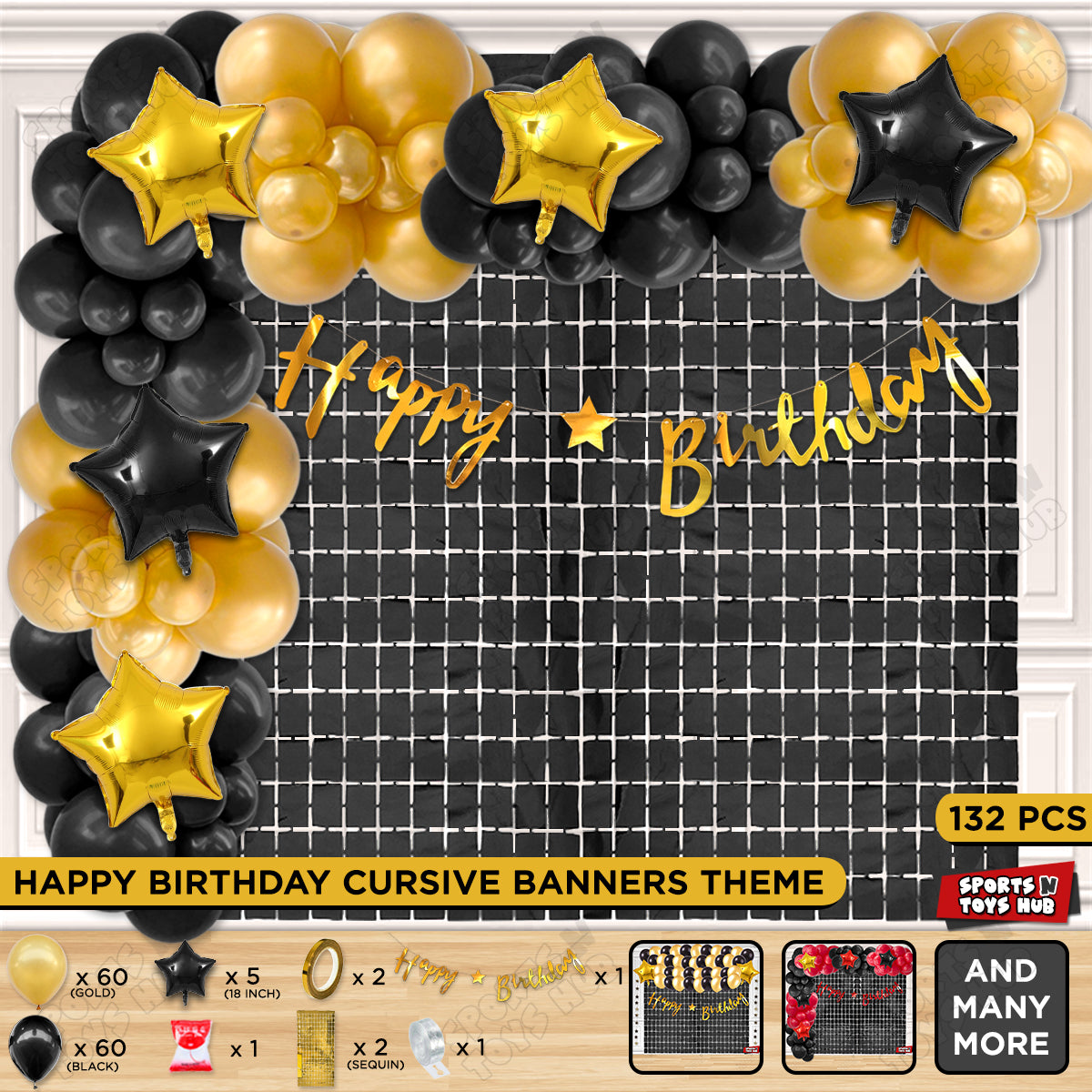 Happy Birthday Cursive Banner Theme - Gold & Black