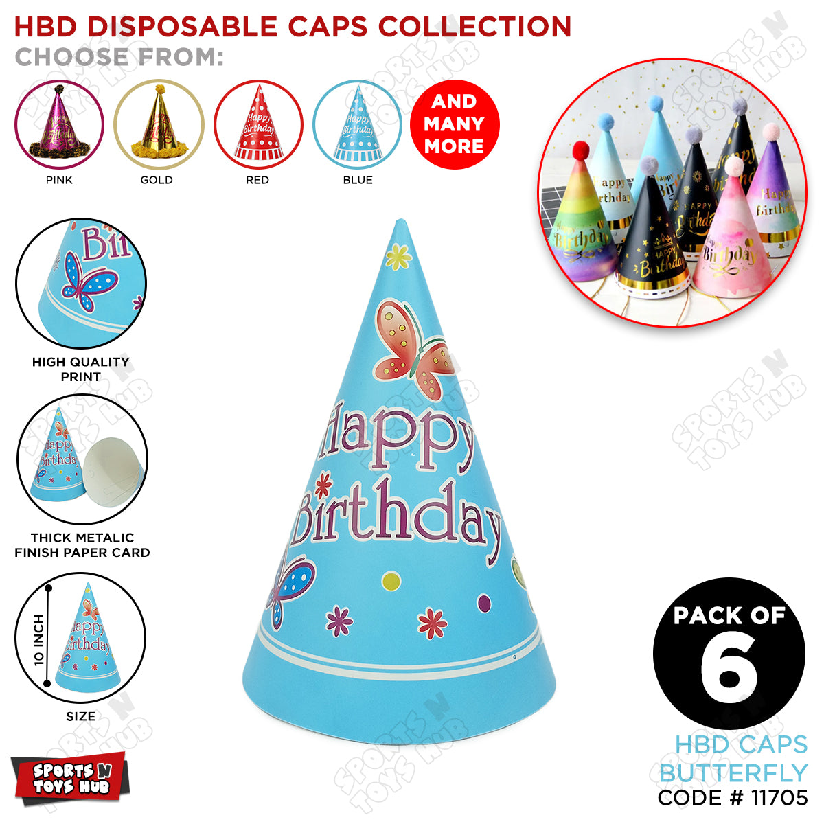 6 Pcs Happy Birthday Butterfly Printed Caps