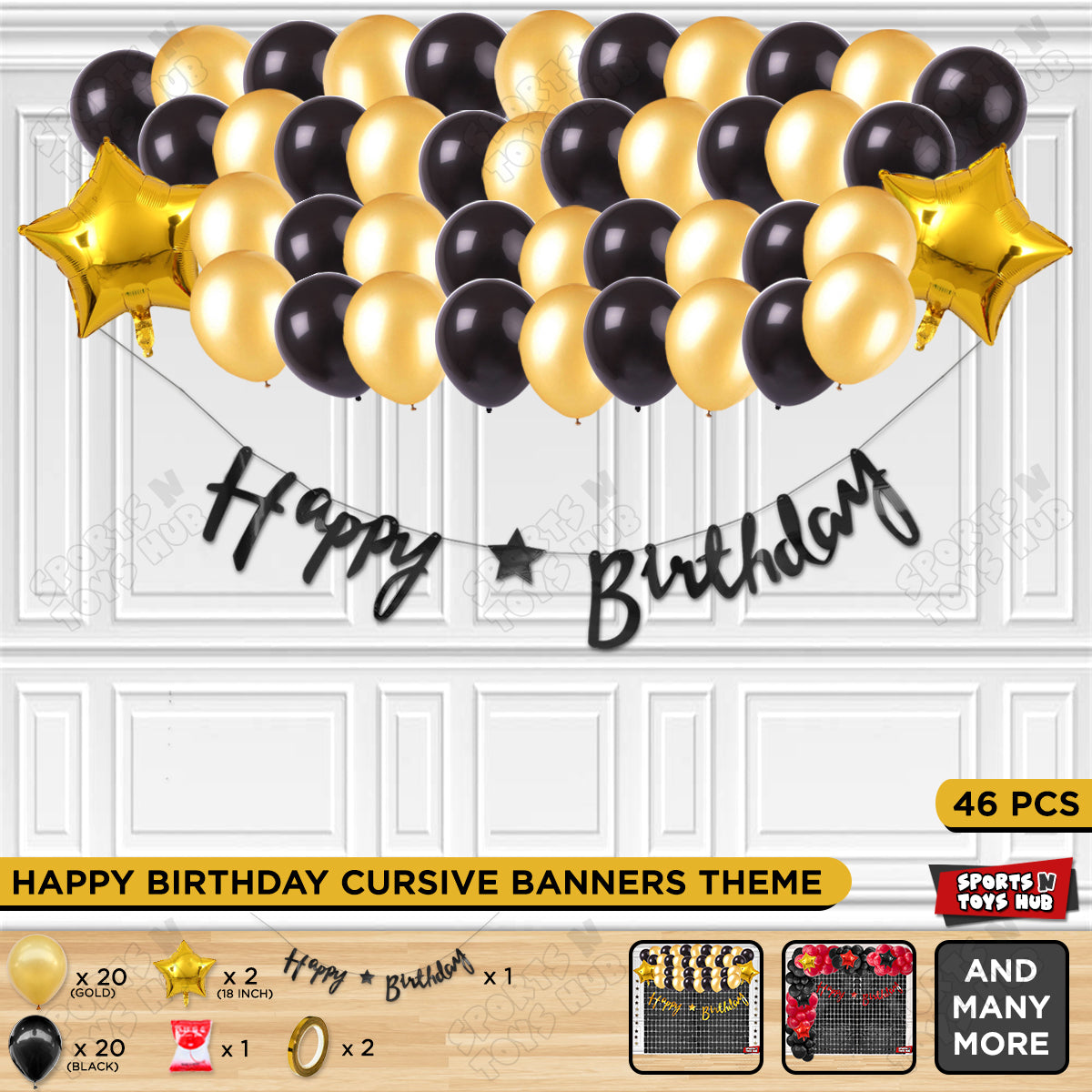 Happy Birthday Cursive Banner Theme - Gold & Black