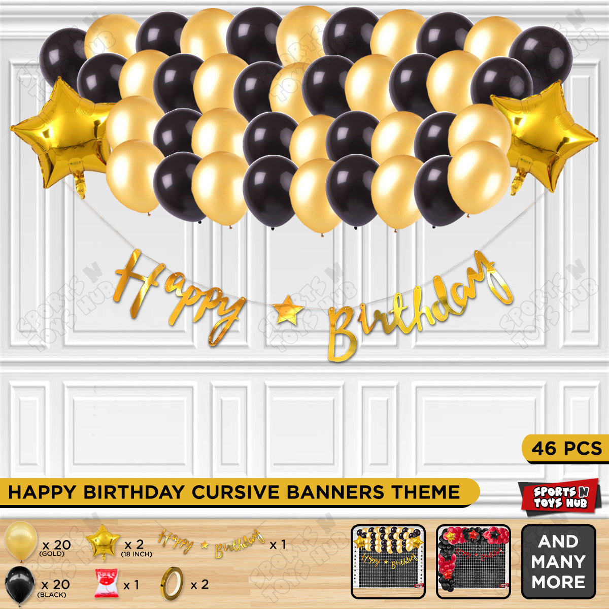 Happy Birthday Cursive Banner Theme - Gold & Black