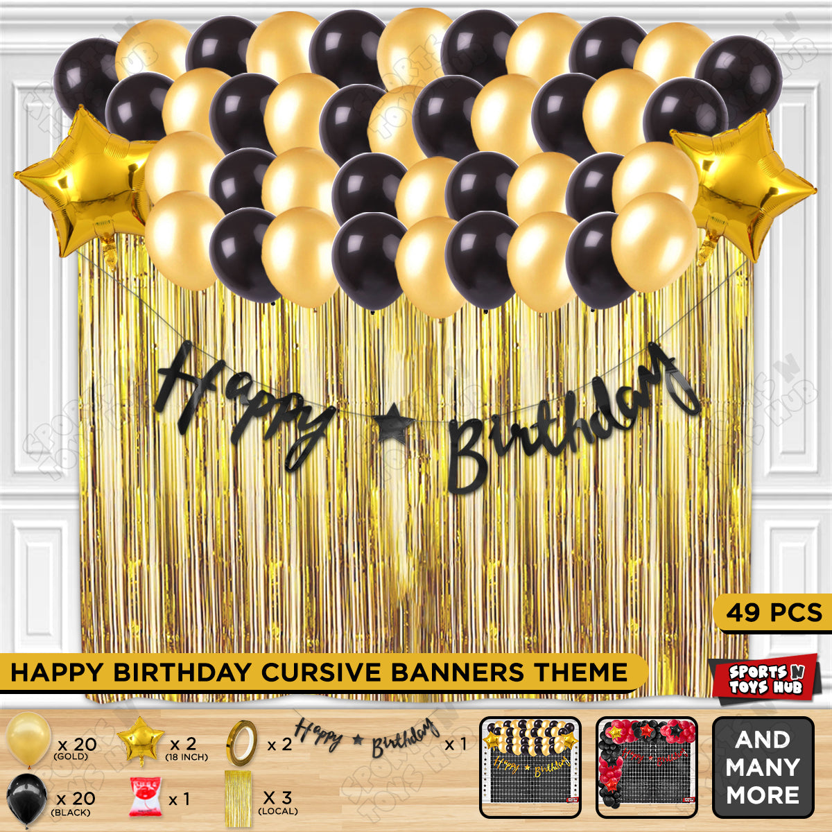 Happy Birthday Cursive Banner Theme - Gold & Black