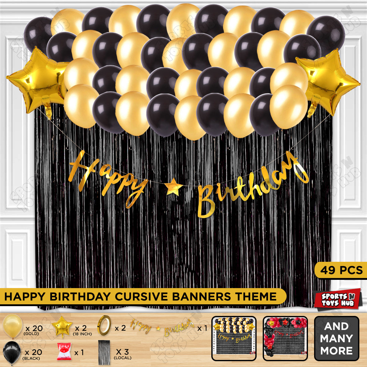 Happy Birthday Cursive Banner Theme - Gold & Black