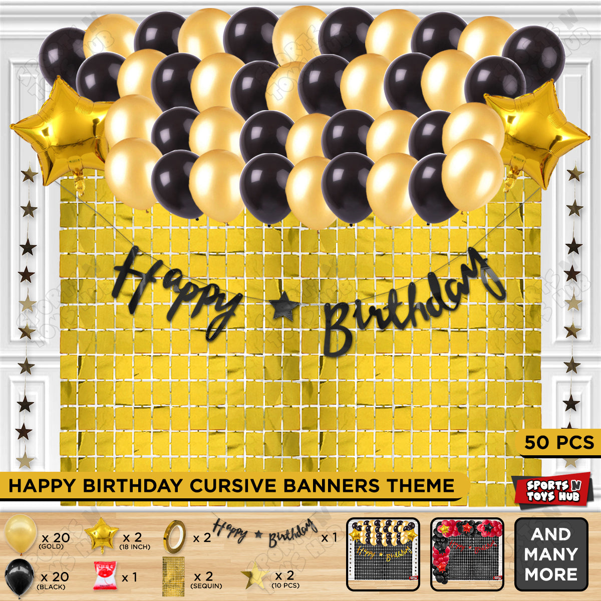 Happy Birthday Cursive Banner Theme - Gold & Black
