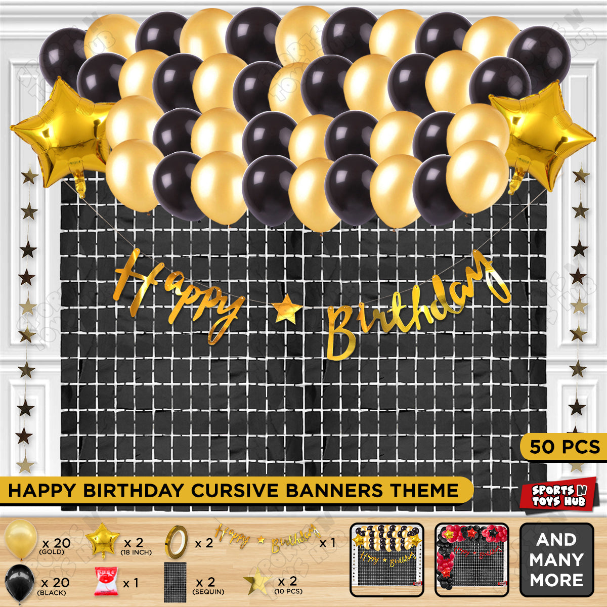 Happy Birthday Cursive Banner Theme - Gold & Black