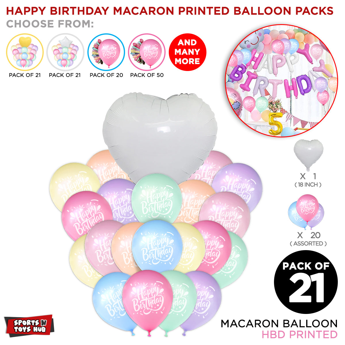 Happy Birthday Multi Printed Macaron Balloons Pack With Heart - 21 Pcs