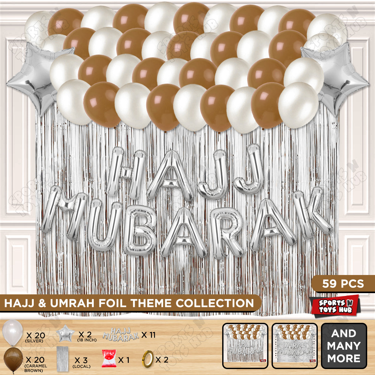 Hajj Mubarak Silver Foil Letter Curtain Theme Collection