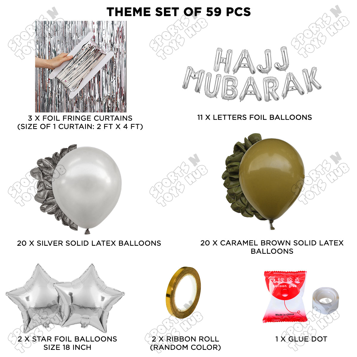 Hajj Mubarak Silver Foil Letter Curtain Theme Collection