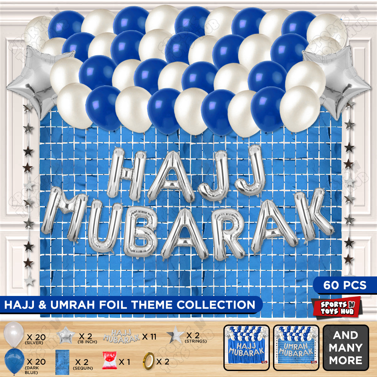 Hajj Mubarak Silver Foil Letter Rectangle Curtain Theme Collection