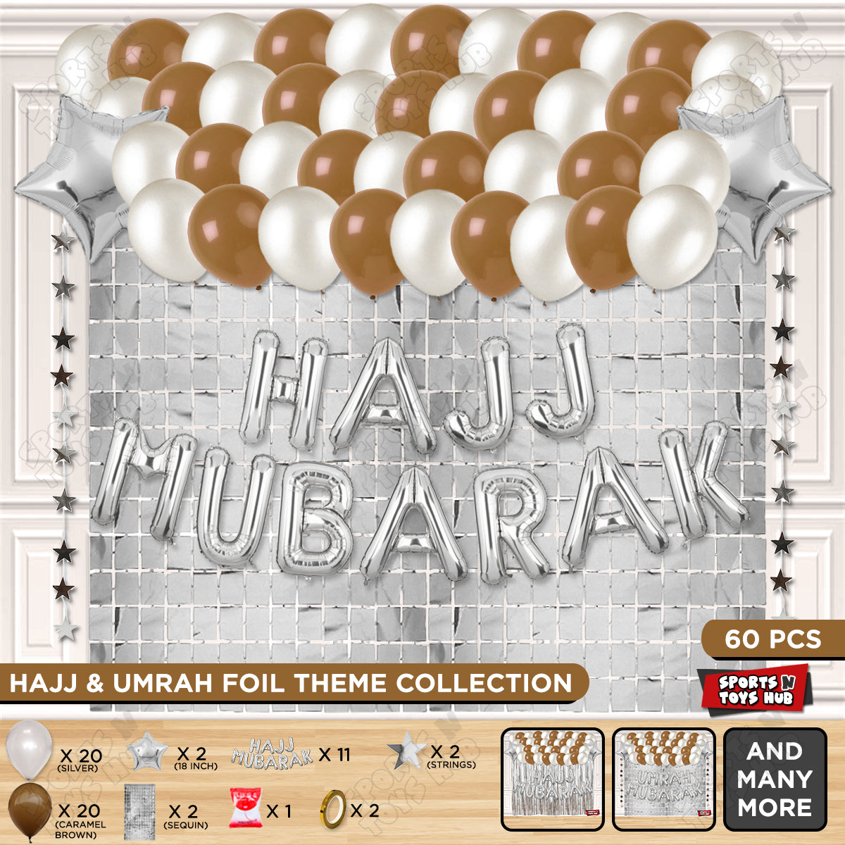 Hajj Mubarak Silver Foil Letter Rectangle Curtain Theme Collection