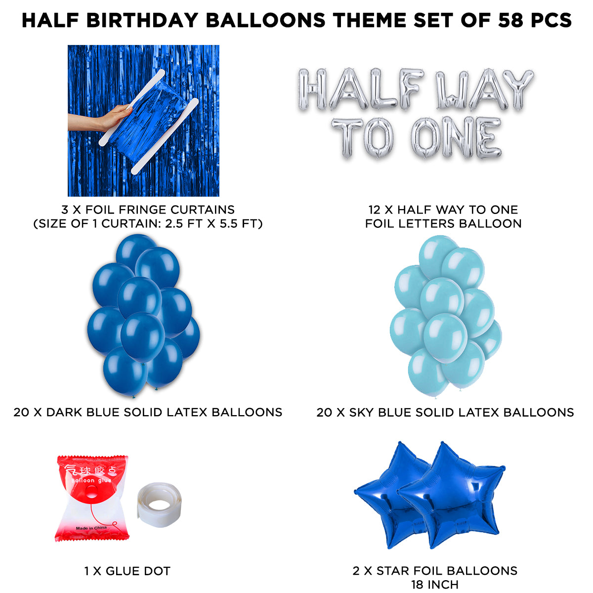 Half Birthday Foil Letter Theme With Curtain - Blue