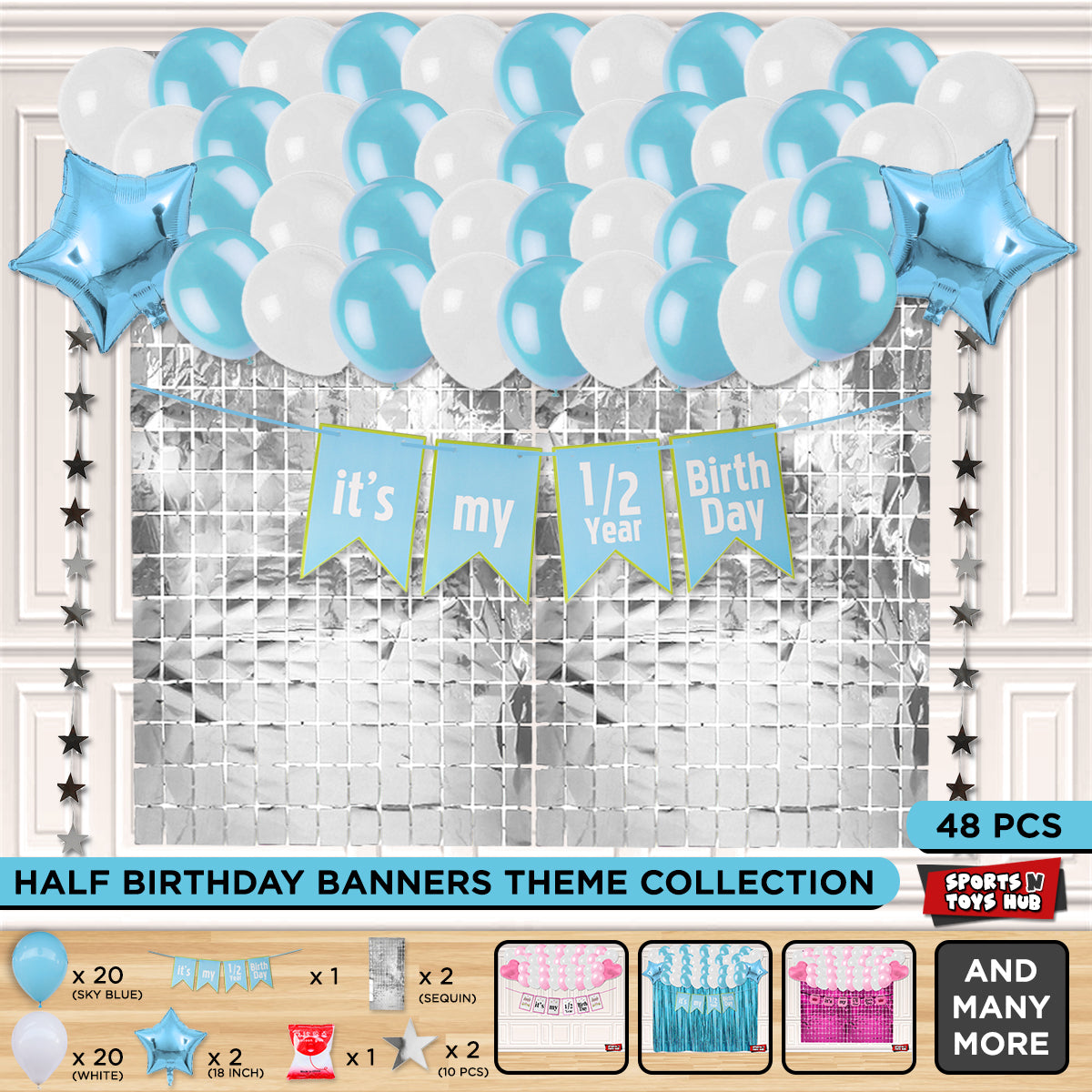 Its My 1/2 Year Birthday Card Banner Theme With Rectangle Curtain