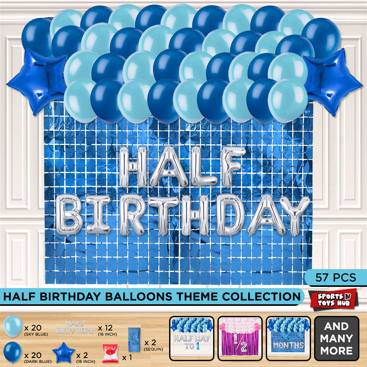 Half Birthday Foil Letter Theme With Rectangle Curtain - Blue