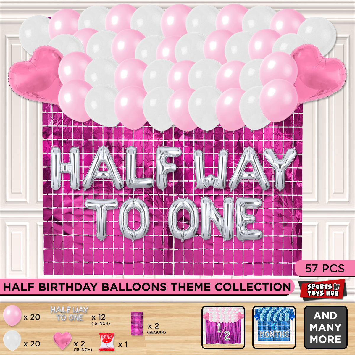 Half Birthday Foil Letter Theme With Rectangle Curtain - Pink