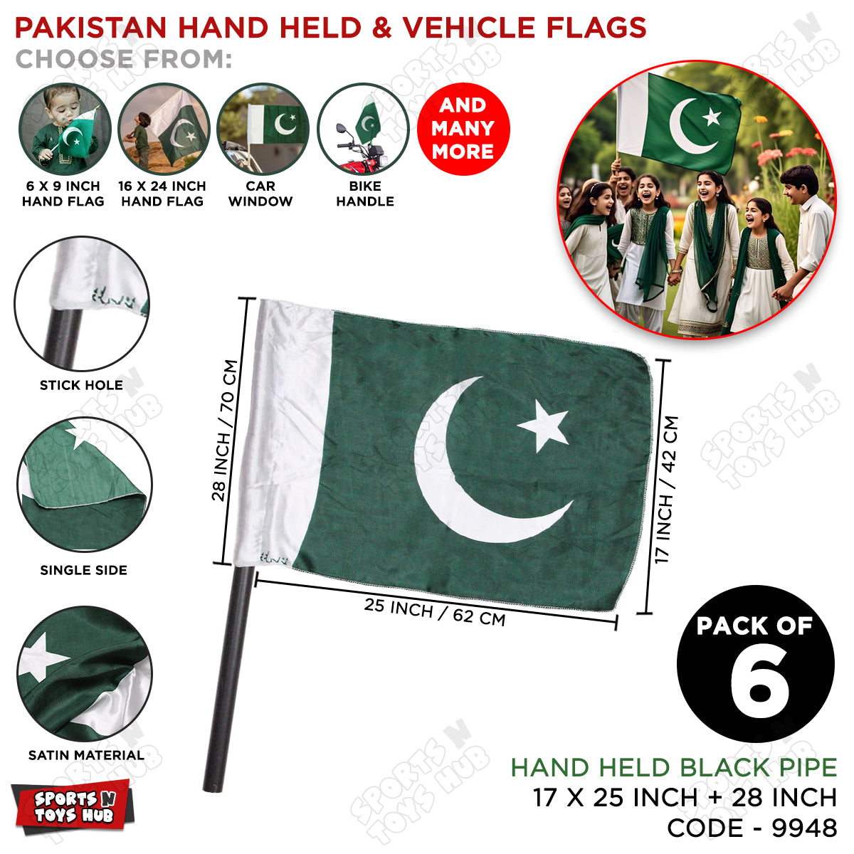 14th August Pakistan Handheld Flags With Black Pipe