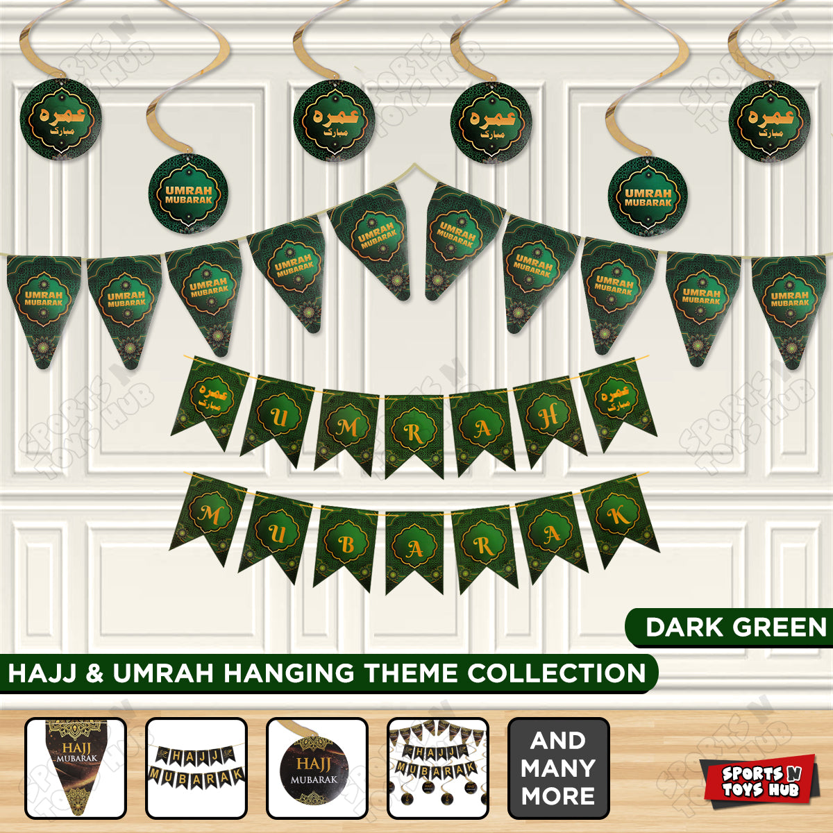 Umrah Mubarak Theme Pack - Hanging Swirls, Flag Garland and Card Banner