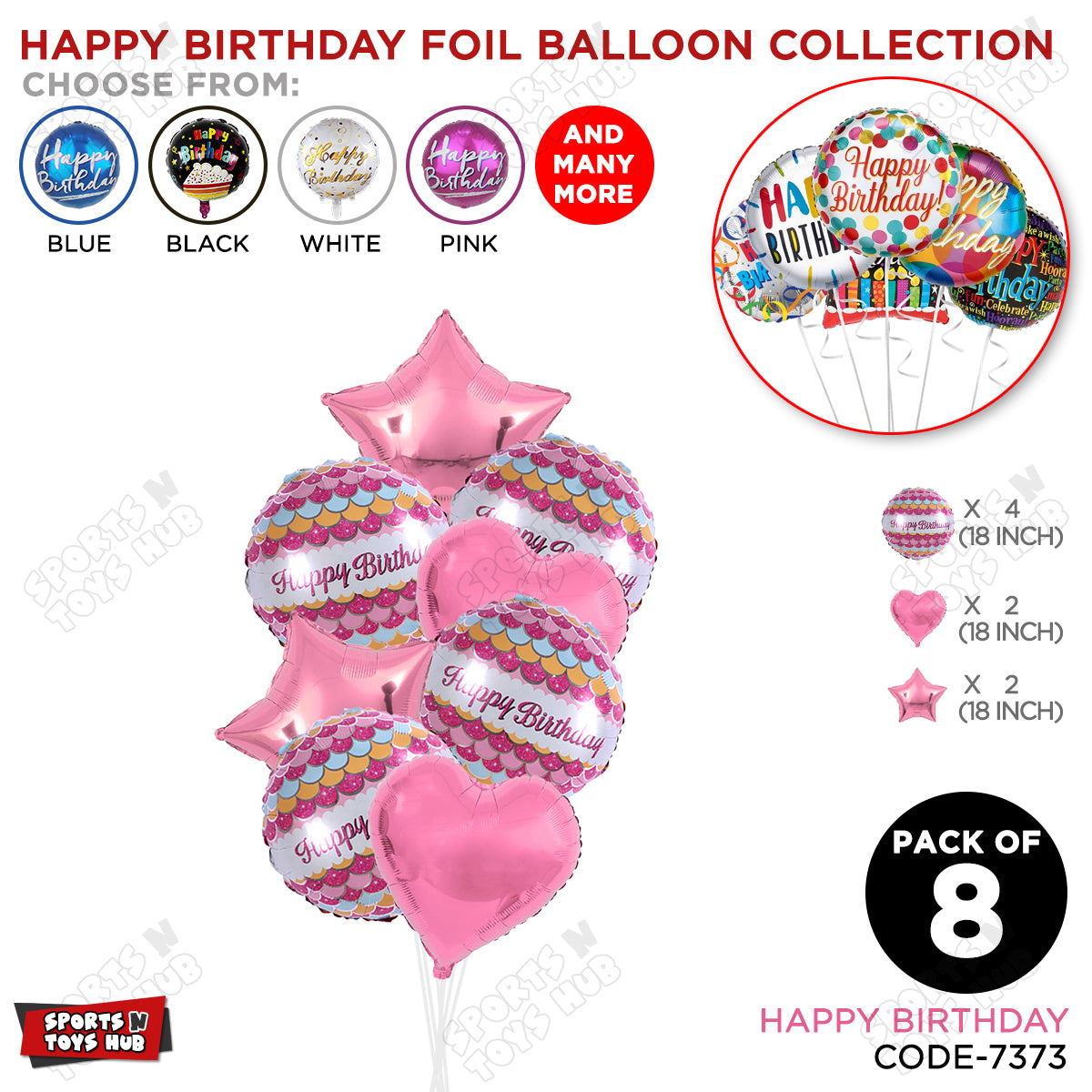 Happy Birthday Printed Foil Scale Pattern Round Balloons - Pack Of 8