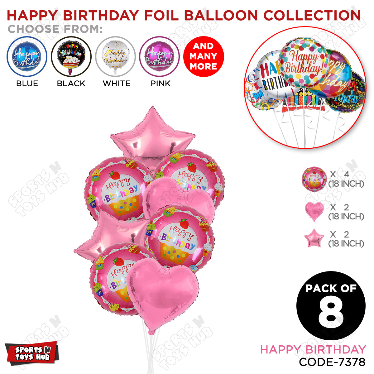 Happy Birthday Printed Cupcakes Foil Round Balloons - Pack Of 8