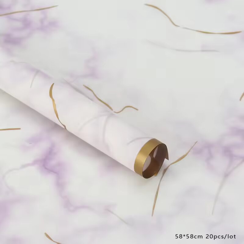 Cloudy Marble Pattern Golden Border Translucent Wrapping Paper, Floral Gifting Sheets Bouquet Collection