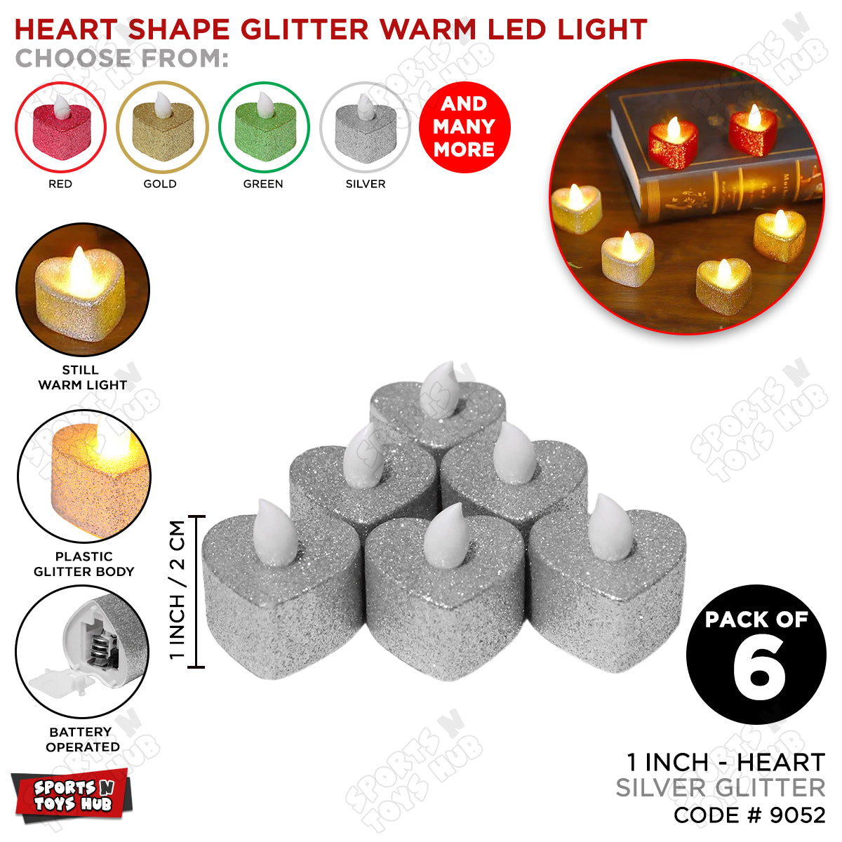Heart Shape Glitter Warm LED Light Candle - 6 Pcs