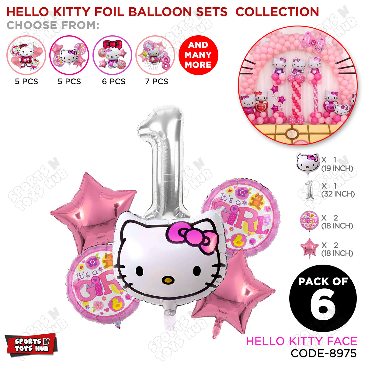 Hell0 Kitty Face Foil Balloon Set With Number Collection - Pack Of 6