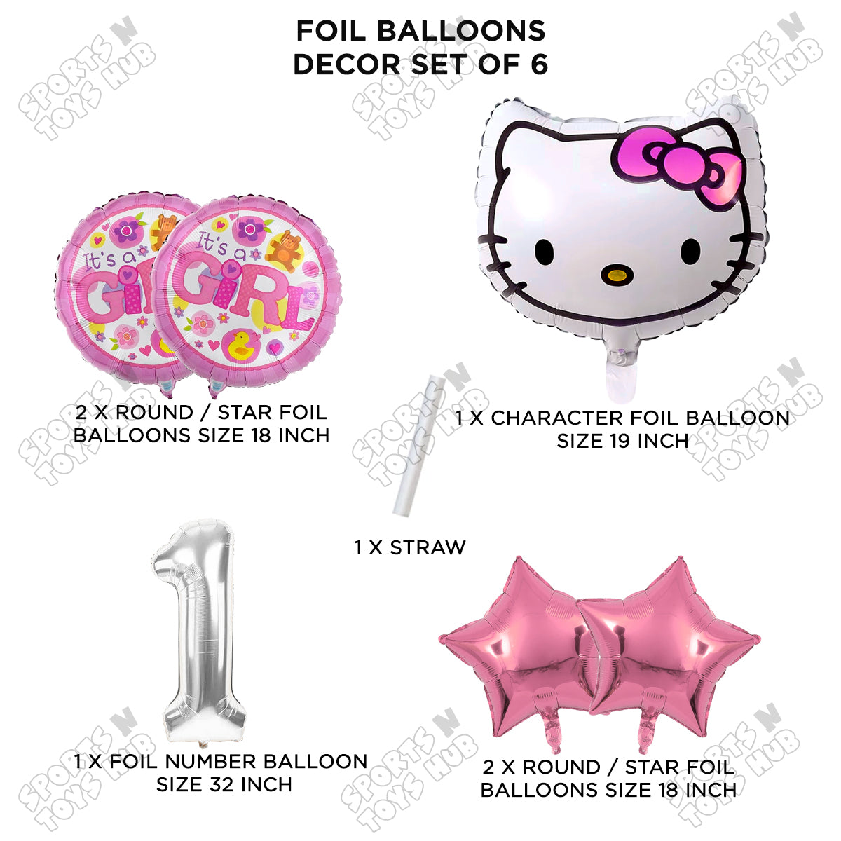 Hell0 Kitty Face Foil Balloon Set With Number Collection - Pack Of 6