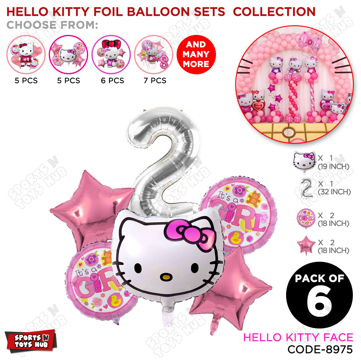 Hell0 Kitty Face Foil Balloon Set With Number Collection - Pack Of 6