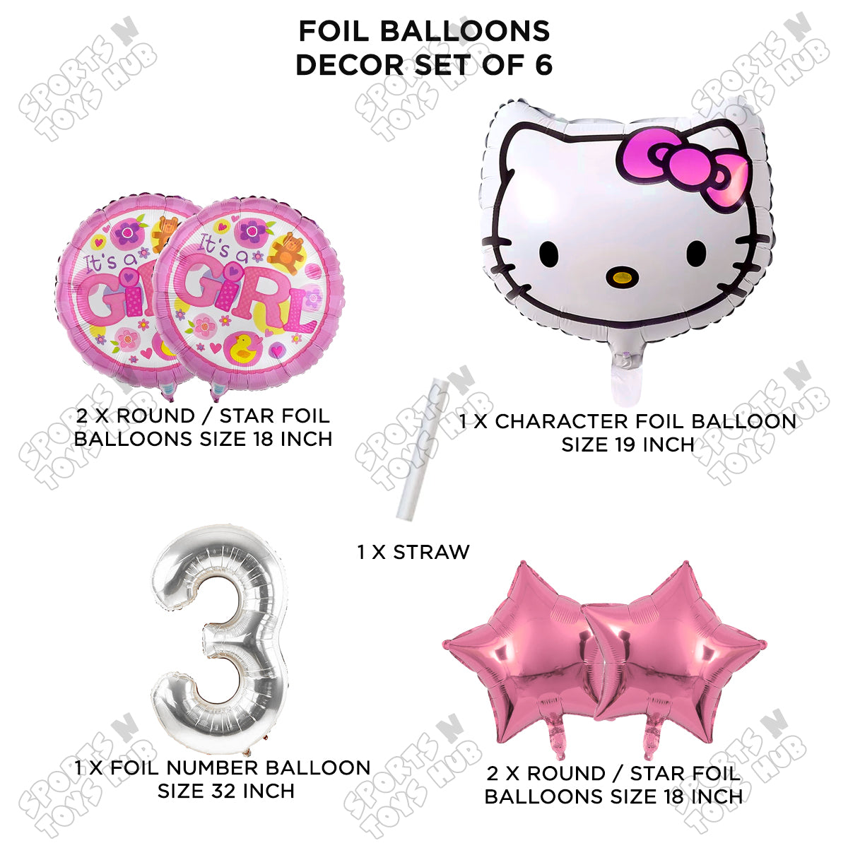 Hell0 Kitty Face Foil Balloon Set With Number Collection - Pack Of 6