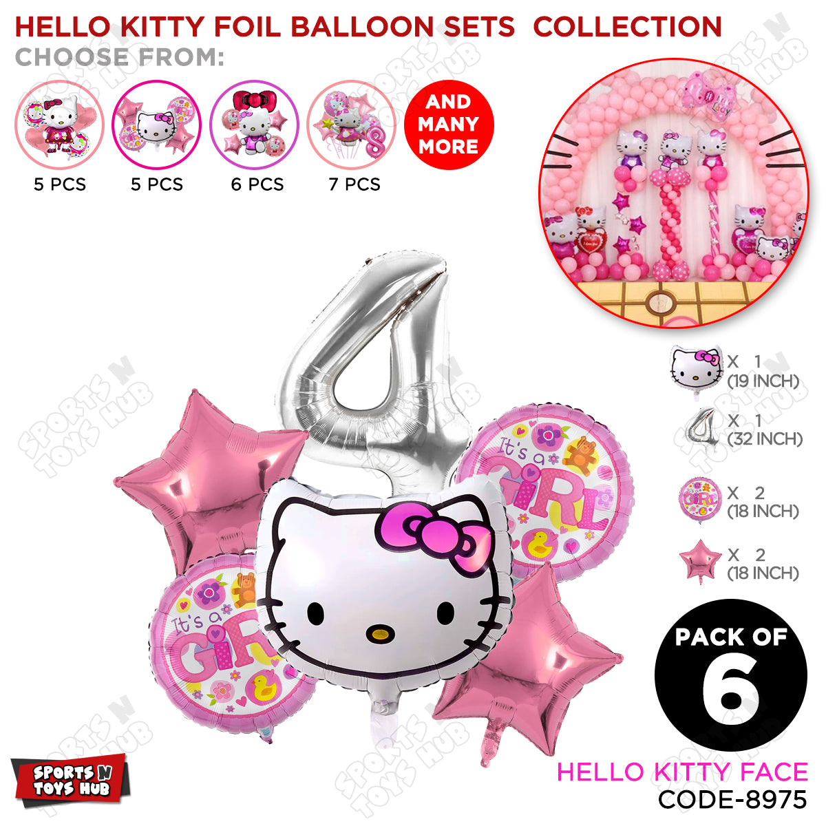 Hell0 Kitty Face Foil Balloon Set With Number Collection - Pack Of 6