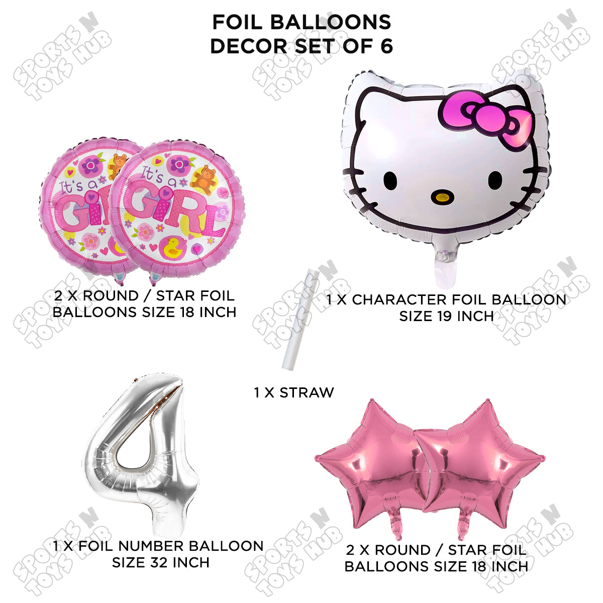 Hell0 Kitty Face Foil Balloon Set With Number Collection - Pack Of 6