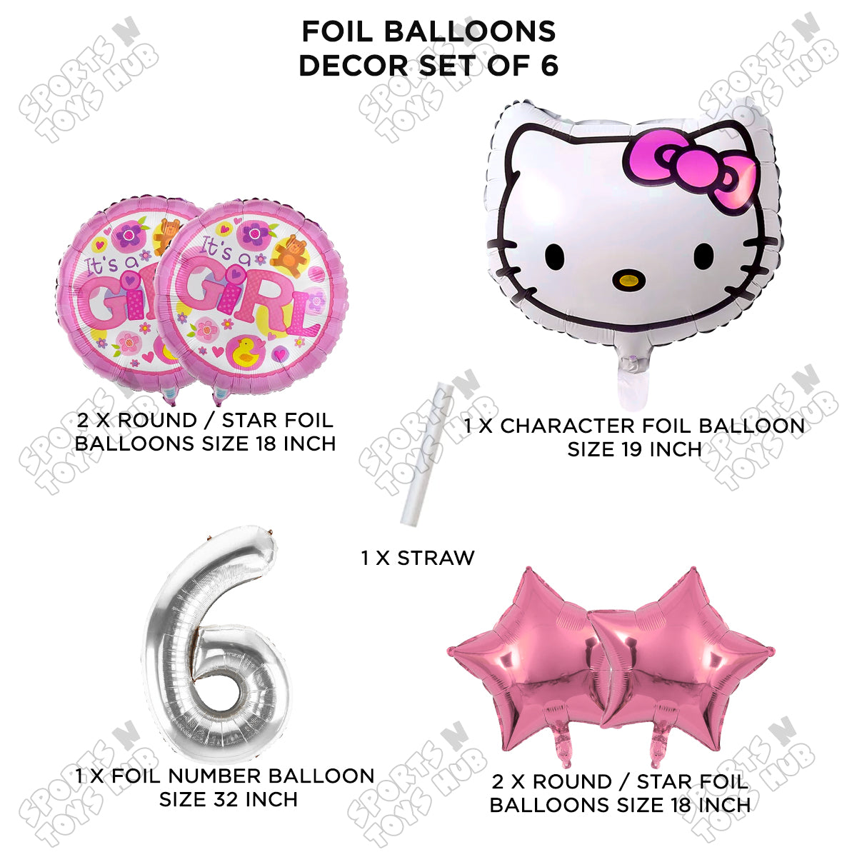 Hell0 Kitty Face Foil Balloon Set With Number Collection - Pack Of 6