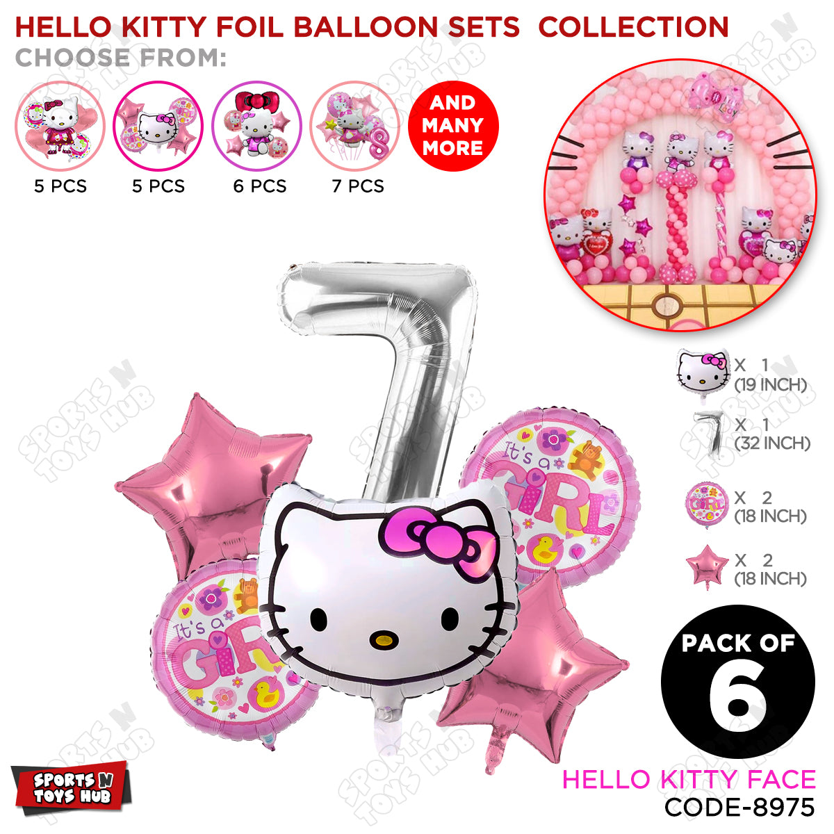 Hell0 Kitty Face Foil Balloon Set With Number Collection - Pack Of 6