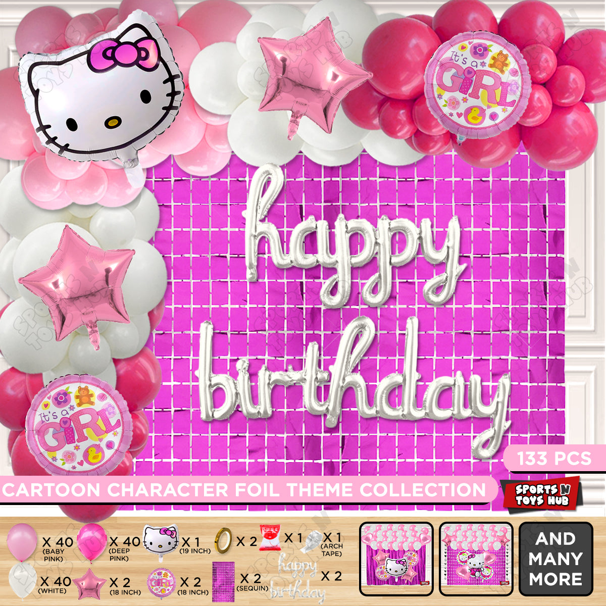 Hell0 Kitty Face Foil Ballon With Cursive Foil Letter Arch Theme