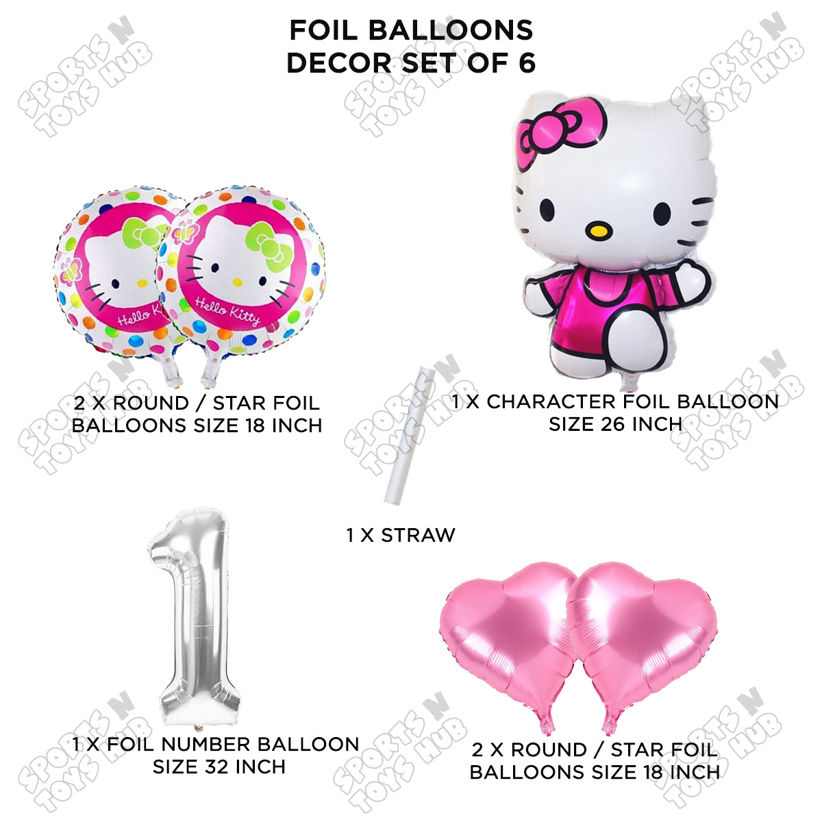 Hell0 Kitty Foil Balloon Set With Number Collection - Pack Of 6